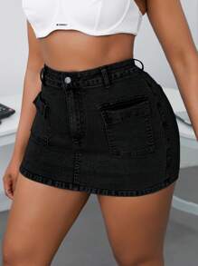 SHEIN SXY Falda vaquera ajustada de talla grande con bolsillos delanteros - Negro - Ver 6