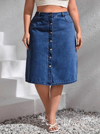 SHEIN Privé Plus High Waist Button Front Denim Skirt For Dailywear