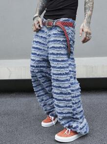 Manfinity Homme Men Ripped Frayed Wide Leg Jeans Without Belt, Plain Jeans Long Baggy Royal Blue Washed Cargo Jeans, For Husband, Boyfriend Gifts - Light Wash - View 4