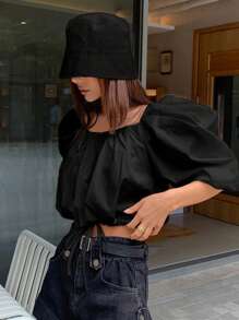 DAZY Áo trễ vai nữ tay phồng trễ vai - màu đen - Xem 3
