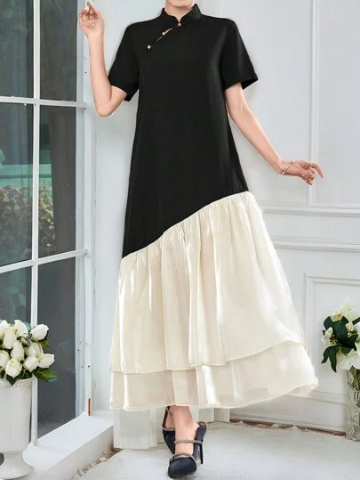 Mulvari 女士對比色簡約阿拉伯風日常連衣裙