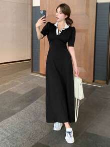 DAZY Women's Casual Colorblock Collar Puff Sleeve Long Dress, Back To School Season Sundress Shirt Dress - Black - View 5