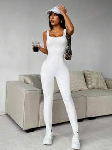 SHEIN EZwear 女士夏季純色方領無袖緊身連身褲 - 白色 - 查看 3