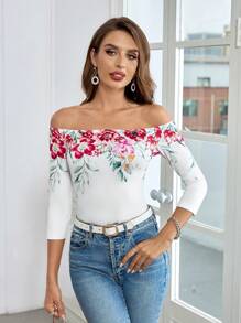 SHEIN Clasi 花卉印花露肩T恤 - 白色 - 查看 4