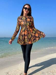 Swim Mulvari Ladies' Summer Beach Printed Burkinis Set With Long Sleeve Top And Pants, Random Pattern - Yellow - View 3