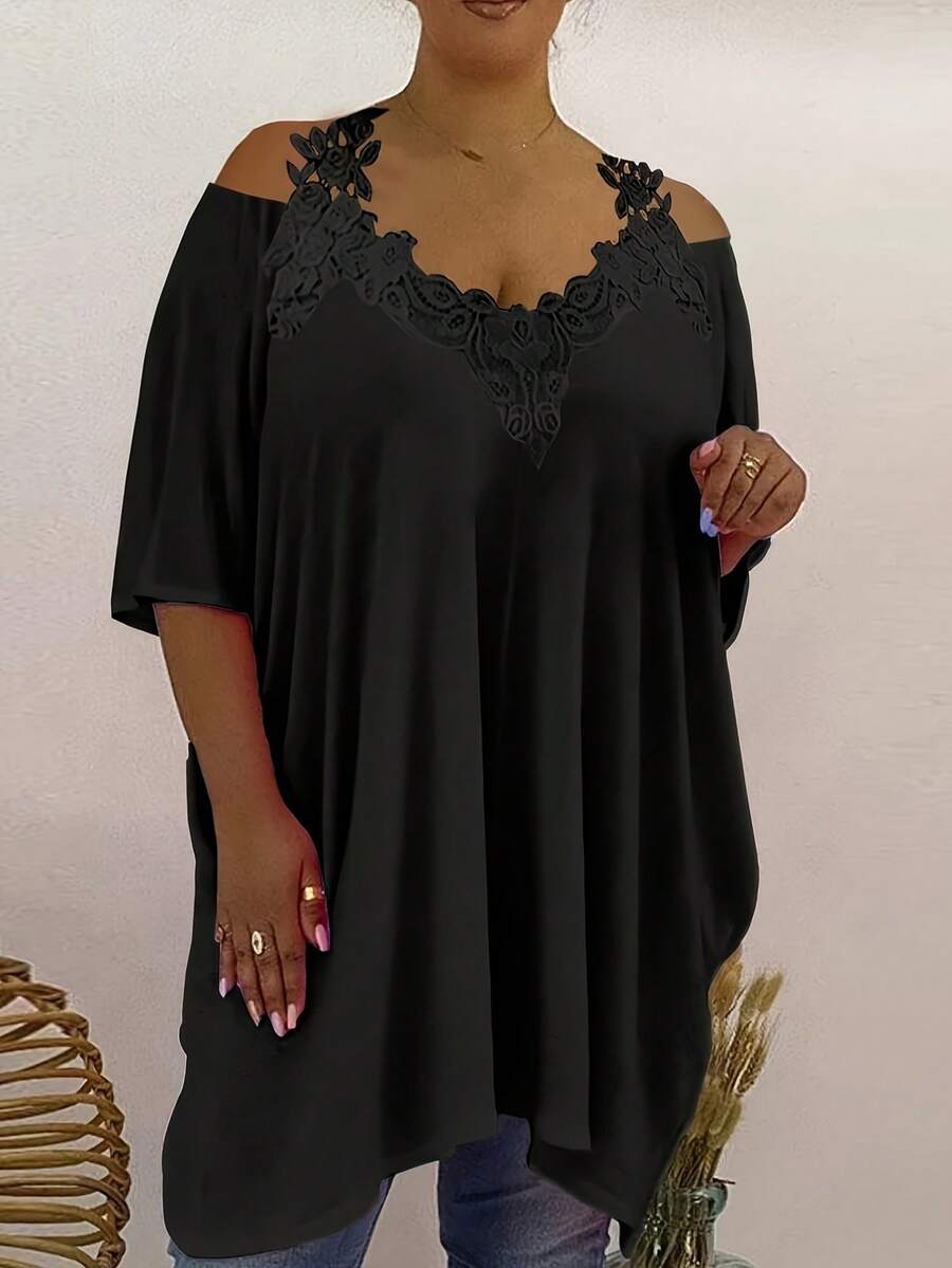 Plus Size Women's Asymmetrical Lace Trim Solid Color Fashion Short Sleeve T-Shirt, Spring/Summer/Fall - Black - View 1