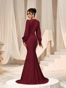 Faeriesty Women Elegant Elegant Cross-Over V-Neck Lantern Sleeve Mermaid Hem Dress - Sophisticated Timeless Design For Spring/Summer Weddings, Galas, Red Carpet Bridesmaid Dress,Summer Holiday Outfits - Burgundy - View 3