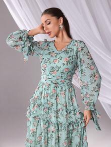 Women's Vacation Style Floral Print Twist Lantern Sleeve Layered Hem Dress, Spring/Autumn - Green - View 6