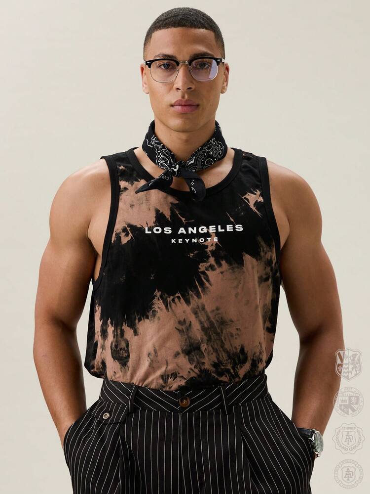 Manfinity RebelGame Camiseta de tirantes con cuello redondo con estampado de letra efecto tie dye para hombre, jersey sin mangas para salir, ropa de vuelta al colegio, regalo para novio, vuelta al colegio - Multicolor - Añade 7