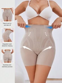 Women's Khaki Knitted Fabric High Waisted Shapewear Shorts With Medium Stretch And Contrast Mesh Detail For Casual Comfort - Khaki - View 3