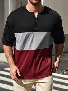 SHEIN Manfinity Homme 男士大码休闲纽扣半襟拼色短袖 T 恤，适合外出 - 彩色 - 查看 5
