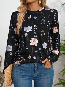 EMERY ROSE 女士花卉印花長袖T恤 - 黑色 - 查看 1