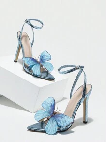 Giày cao gót nữ, kiểu dáng thời trang, mũi nhọn, họa tiết hoa 3D, quai mảnh, màu vàng thanh lịch, thích hợp cho mùa xuân hè, hoạt động ngoài trời, hộp đêm, giày cao gót gót nhọn. - Màu xanh nhạt - Xem 4