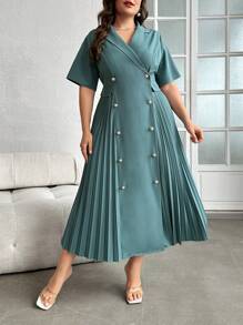 Modelyn 加大貝鈕領雙排扣褶邊裙裝 - 綠色 - 查看 6