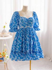 Soleia Robe d'été décontractée en grande taille pour femmes, avec col en V, manches bouffantes, empiècement en dentelle, taille marquée, jupe plissée et imprimé floral
