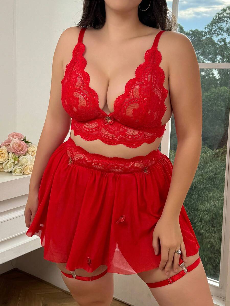 5pcs/Set Plus Size Lace Contrast Mesh Non-Wired Sexy Lingerie Set - Red - View 1