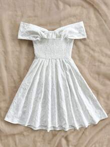 Soleia Women Solid Jacquard Off Shoulder Knot Front Dress - White - View 2