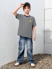 SHEIN 中學男童條紋與卡通圖形下垂肩短袖t恤 - 黑與白 - 查看 5