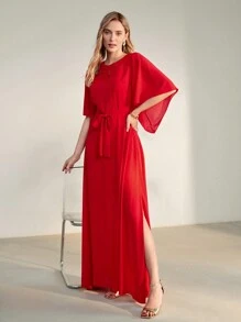 MOTF PREMIUM FLORAL EMBROIDERY KEYHOLE NECKLINE SPLIT HEM DRESS - Red - View 8