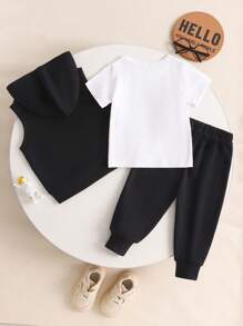 3 pezzi Gilet sportivo casual per neonati maschi senza maniche, Maglietta a maniche corte + pantaloncini / pantaloni outfit estivi - nero - Visualizzare 2