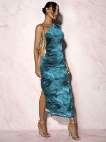 Glamine Women's Ink Printed One Shoulder Ruched Slit Dress Bodycon Dress - Green - View 5