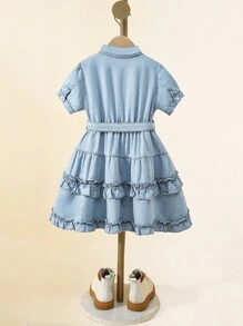 Young Girls Ruffle Hem Belted Denim Dress - Light Wash - View 2