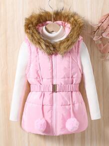 Tween Girls Hooded Sleeveless  Padded Coat With Fur Collar And Waist Drawstring - Pink - View 1