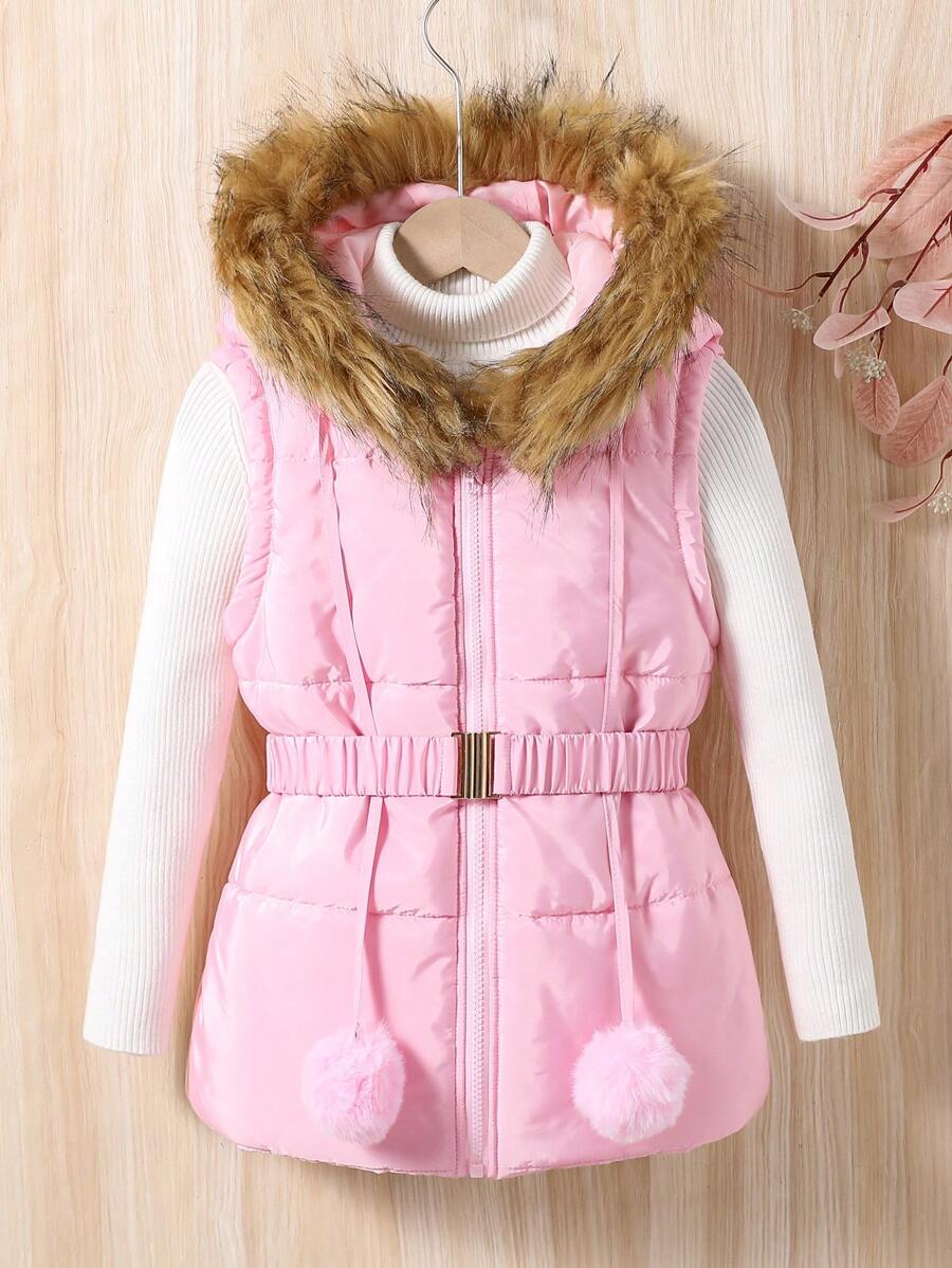 Tween Girls Hooded Sleeveless  Padded Coat With Fur Collar And Waist Drawstring - Pink - View 1
