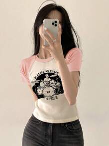 DAZY 字母圖形拼接拉甘袖T恤 - 粉色 - 查看 3