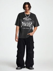 Manfinity VCAY 男士宽松针织短袖T恤，酸洗工艺，英文印花图案 - 黑色 - 查看 5