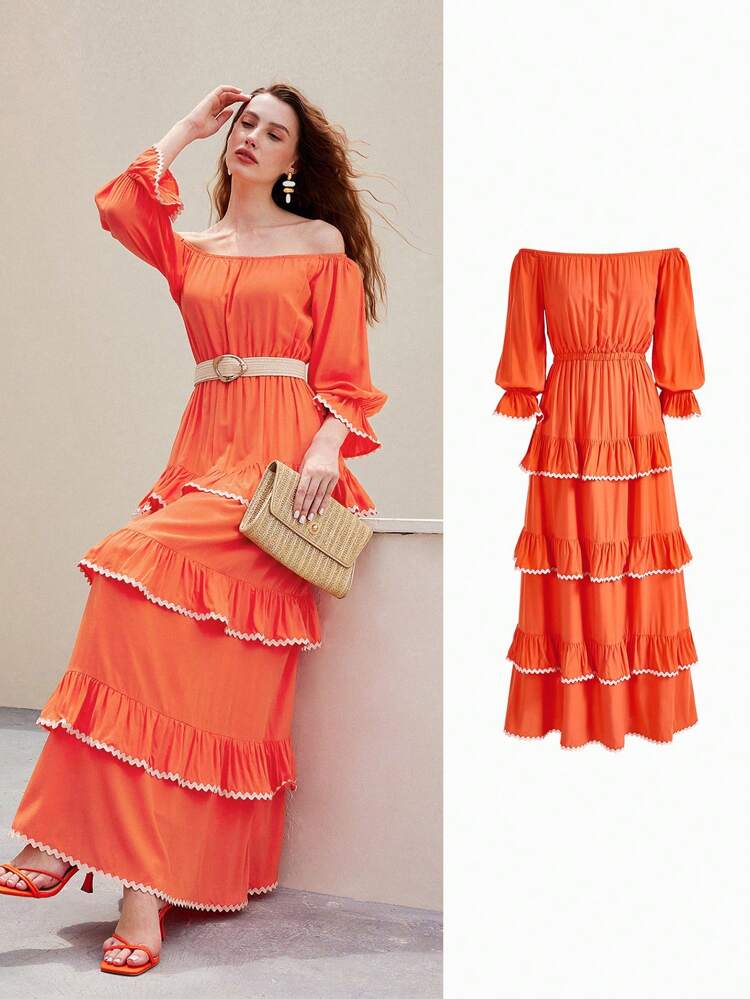 OFF SHOULDER FLARE SLEEVE CONTRAST WAVE TAPE TRIM LAYERED RUFFLE HEM DRESS