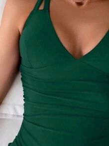 Swim Basics Drawstring Side Ruched One Piece Swimsuit Summer - Green - View 4