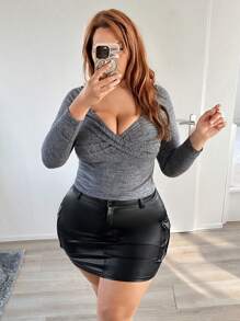 SHEIN SXY 加 PU 皮革緊身裙 - 黑色 - 查看 4