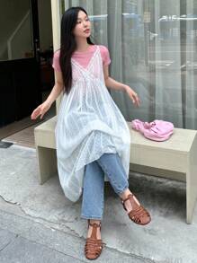 DAZY Robe de soleil transparente à bretelle, robe décontractée de femme avec bord en dentelle unie et à pois