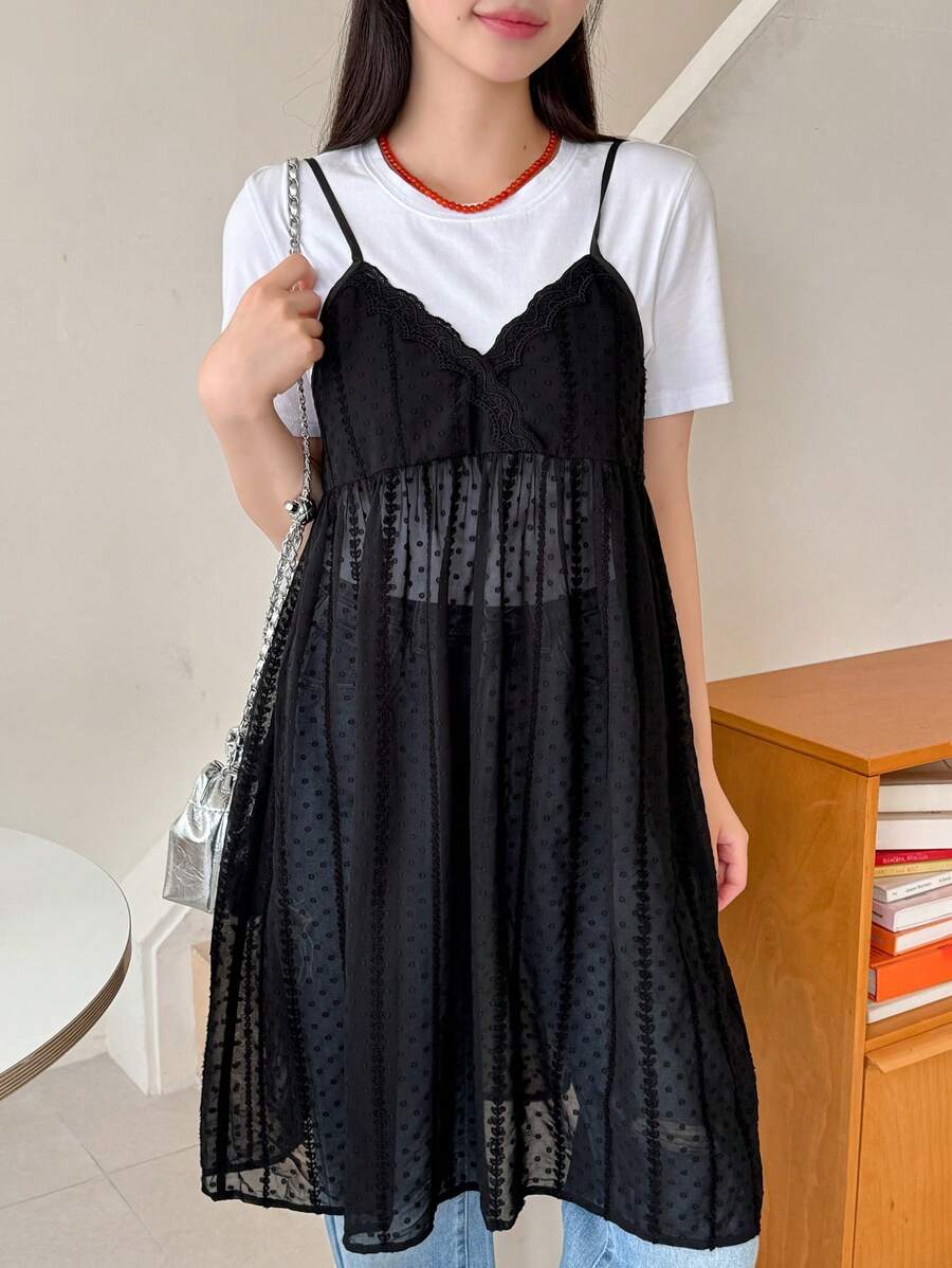 DAZY Swiss Dot Mesh Cami Dress Without Tee Sundress Sheer - Black - View 1