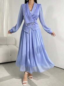 Modelyn Top și fusta din perle artificiale solide - Bleu - Vizualizare 2