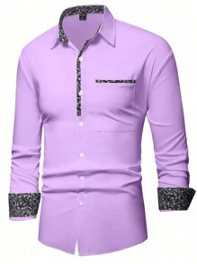 Manfinity Mode Loose Fit Men's Floral Print Button Up Shirt, Purple Men Dress Shirt, Light Purple Shirt , Fall, Long Sleeve Top - Purple - View 3