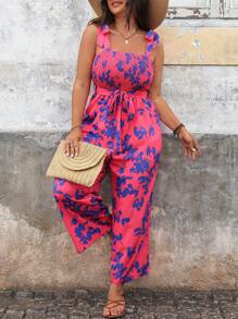 Breezaya Plus Floral Print Tie Shoulder Belted Jumpsuit - Multicolor - View 6