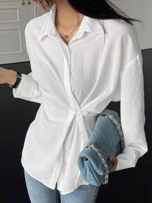 DAZY Solid Color Loose Long Sleeve Lapel Slanted Placket Women's Shirt - White - View 1