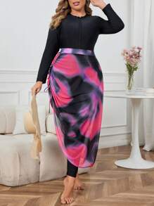 Swim Mulvari Plus Size Solid One Piece Swimsuit With Tie Dye Drawstring Side Beach Skirt Summer - Black - View 1