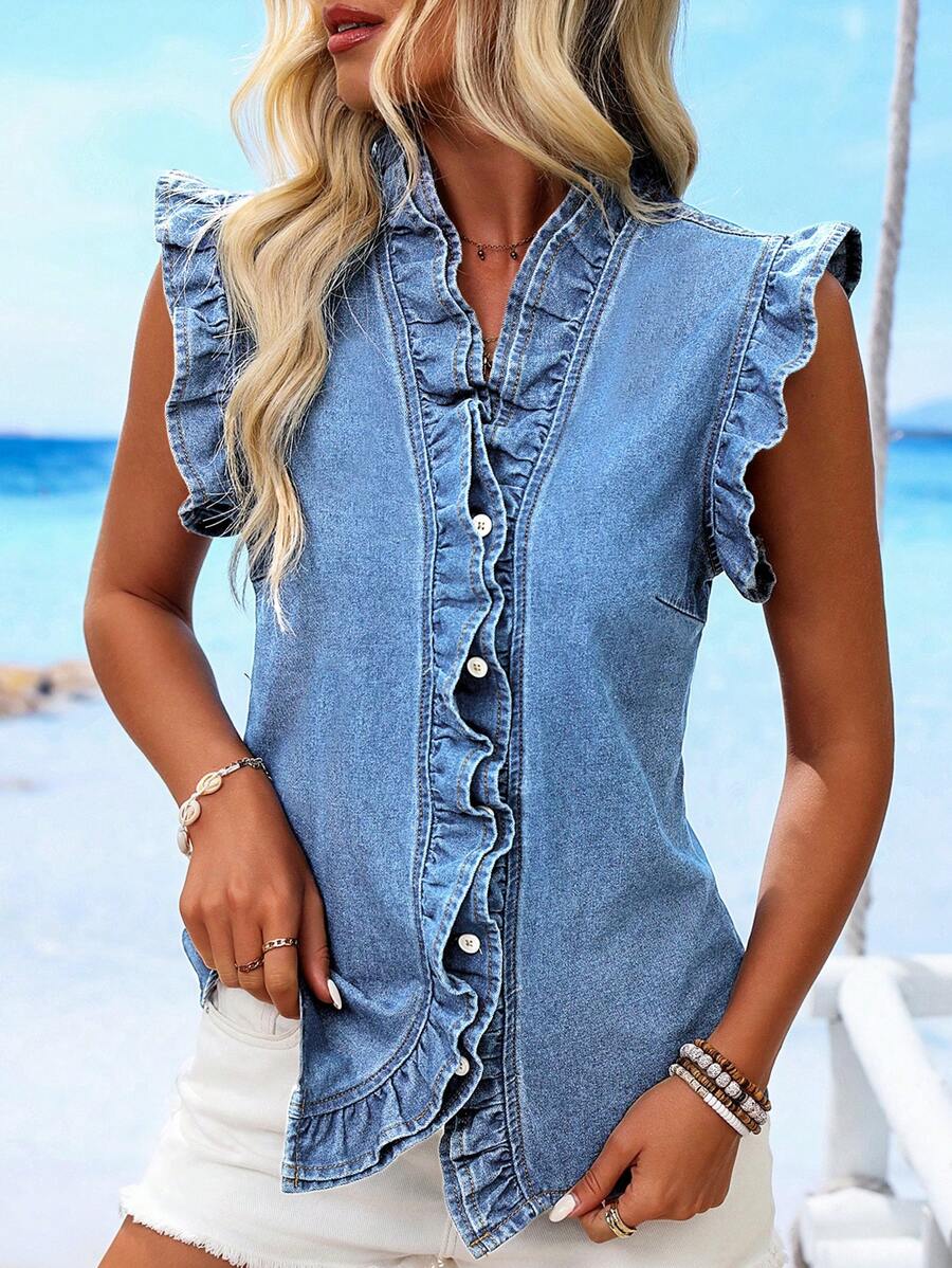 Breezaya Áo denim ôm vừa vặn không tay có viền diềm - Rửa nhẹ - Xem 1