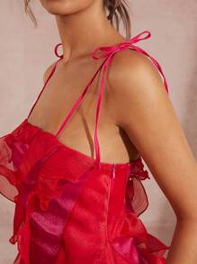 L'Amorae Robe courte à bretelles nouées et à volants - Rouge - Voir 2