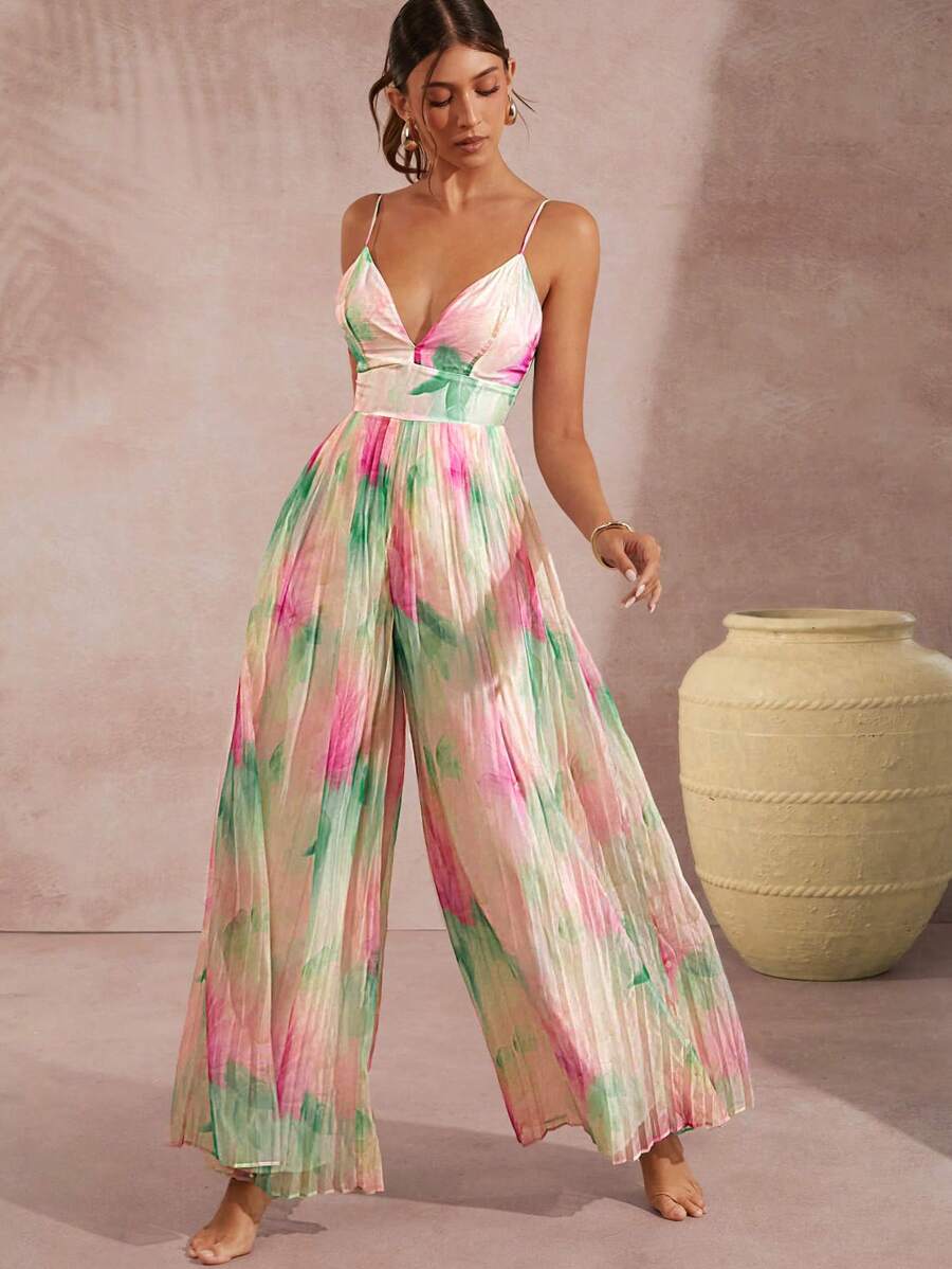 L'Amorae Print Plunging Neck Wide Leg Cami Jumpsuit - Multicolor - View 1