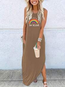 INAWLY 彩虹及標語圖案弧形下擺坦克裙