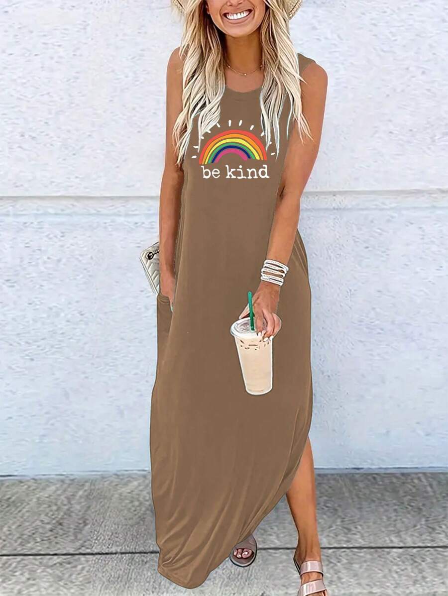 INAWLY 彩虹及標語圖案弧形下擺坦克裙