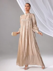 Women's Long Sleeve Frill Trim Pendant Decor Dress - Apricot - View 6