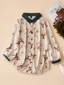 SHEIN LUNE Áo sơ mi nữ tay lỡ họa tiết hoa màu khối - Màu be - Xem 1