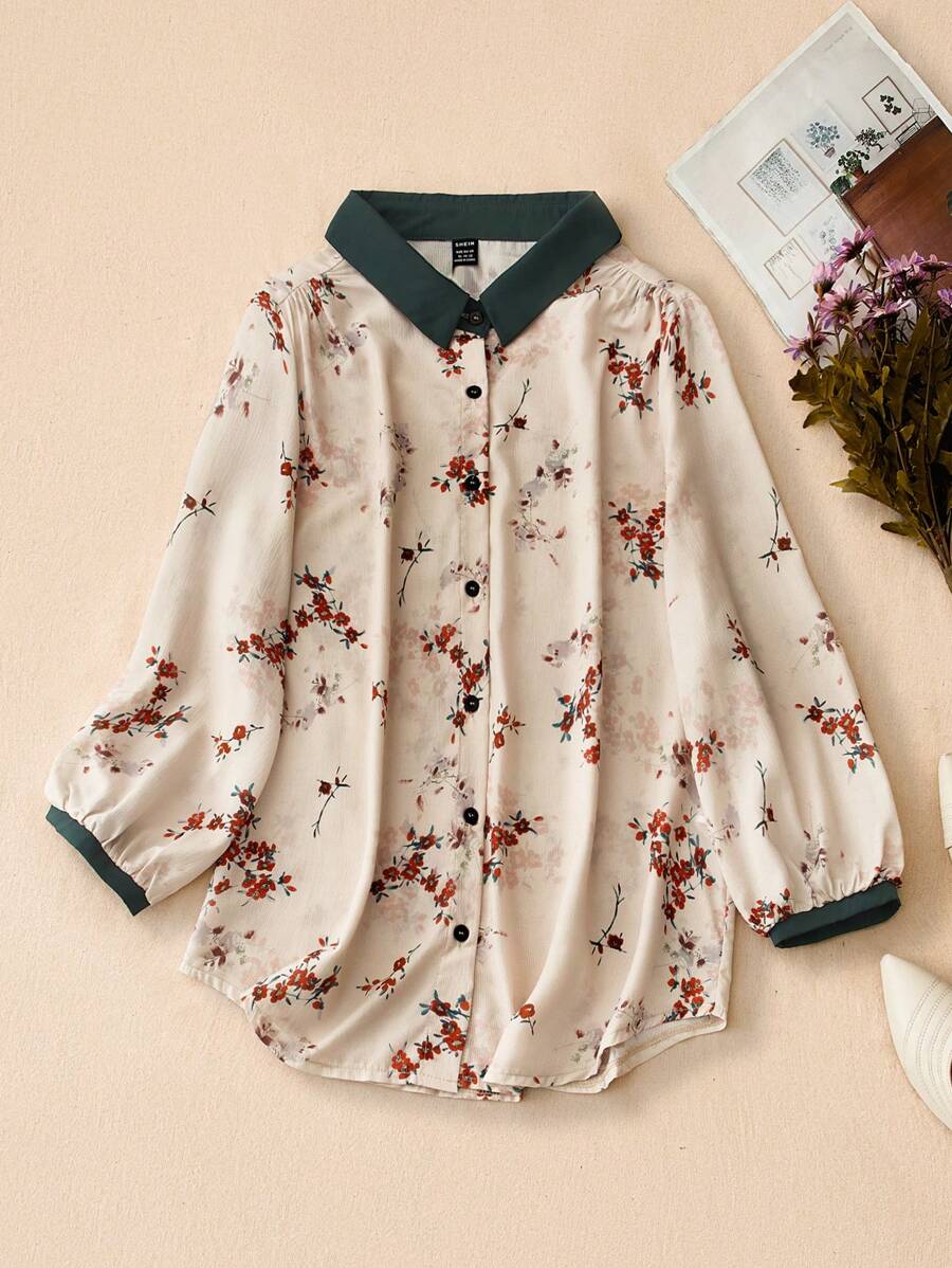 SHEIN LUNE Áo sơ mi nữ tay lỡ họa tiết hoa màu khối - Màu be - Xem 1