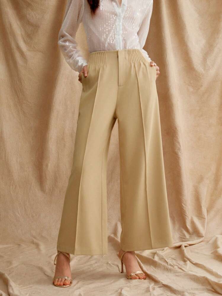 High Waist Ladies' Khaki Wide Leg Woven Pants For Career And Workplace