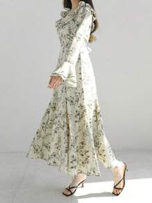 DAZY Floral Print Ruffle Trim Flounce Sleeve Longline Dress,Fall Dress Long Sleeve Dress - Apricot - View 8